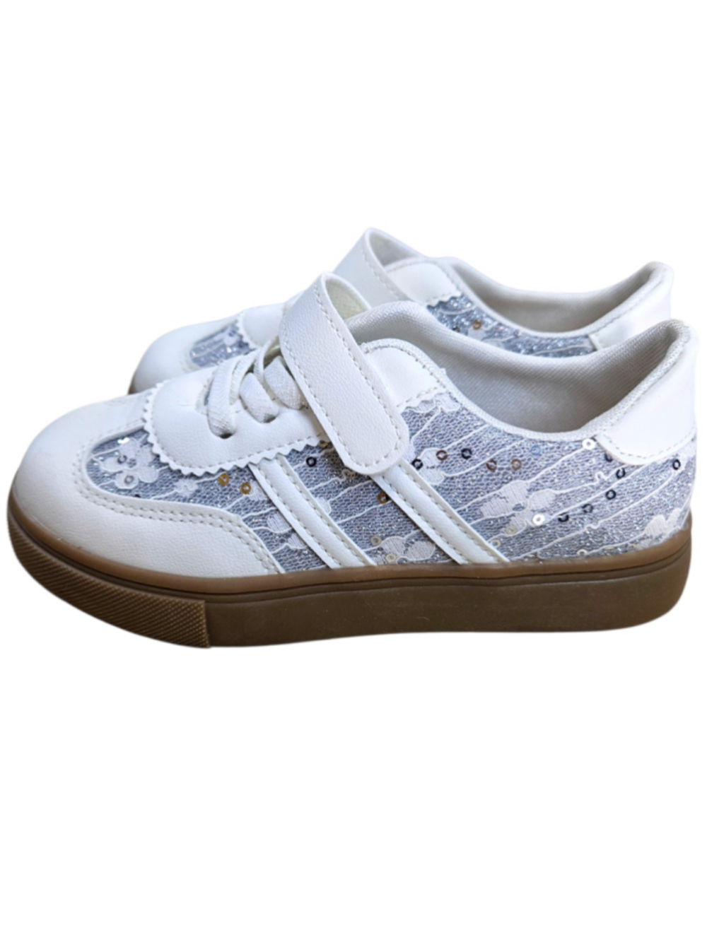 Silver White Sequin Casual Sneakers Hook-and-Loop Straps Sinkarrdee Girls 13 NWT